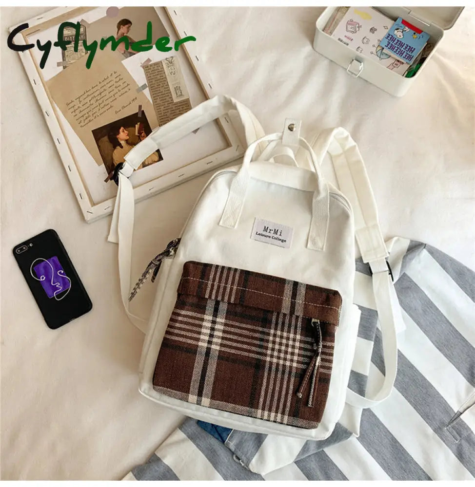 Cyflymder Female Canvas Backpacks For School Teenagers Girls Small Fresh Plaid Bag Kawaii Bookbag