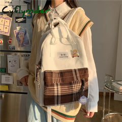 Cyflymder Female Canvas Backpacks For School Teenagers Girls Small Fresh Plaid Bag Kawaii Bookbag