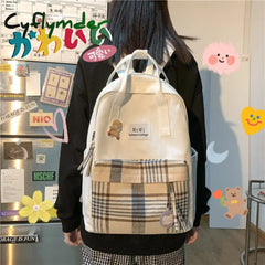 Cyflymder Female Canvas Backpacks For School Teenagers Girls Small Fresh Plaid Bag Kawaii Bookbag