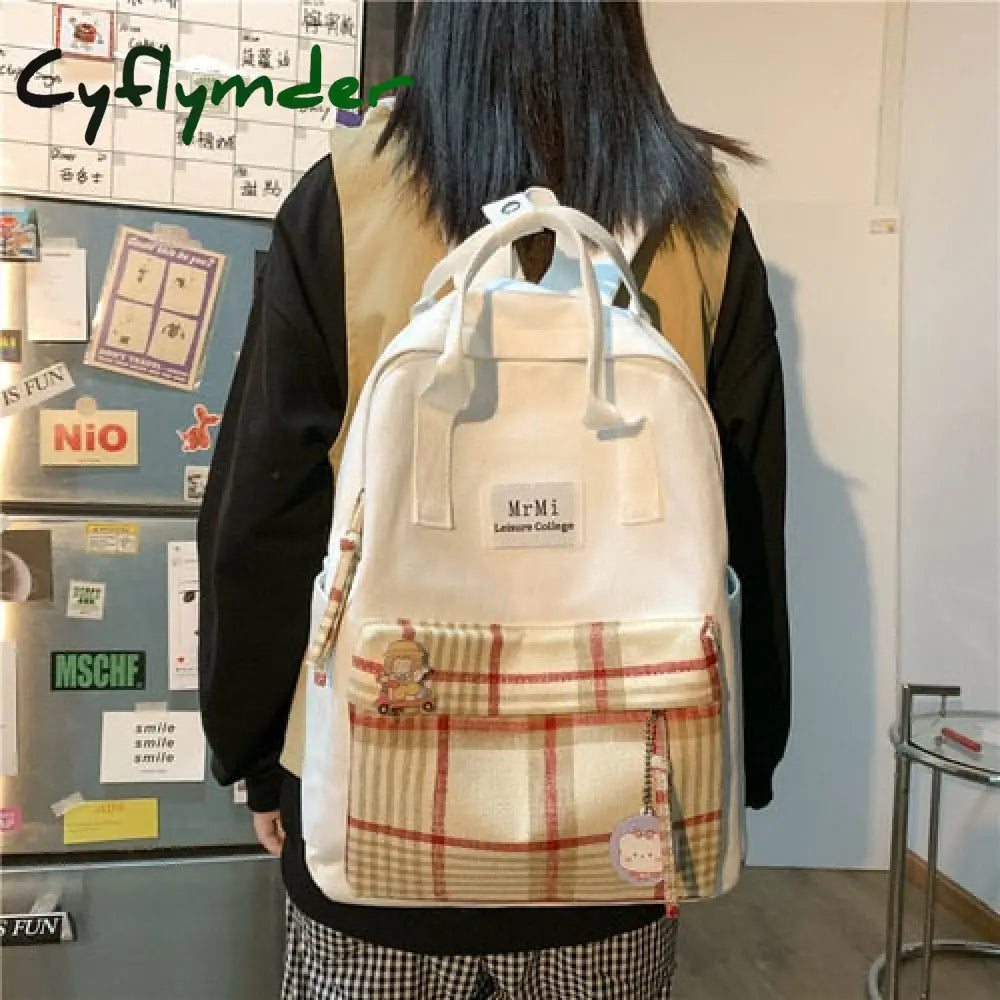 Cyflymder Female Canvas Backpacks For School Teenagers Girls Small Fresh Plaid Bag Kawaii Bookbag