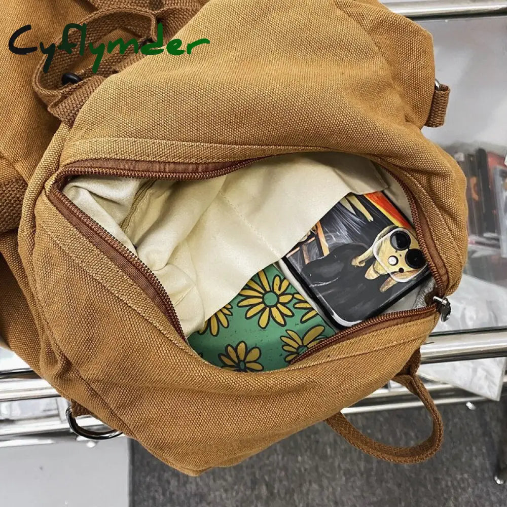 Cyflymder Female Canvas Vintage Backpack Fashion Women Laptop Bags Brown Trendy Lady Small Girl