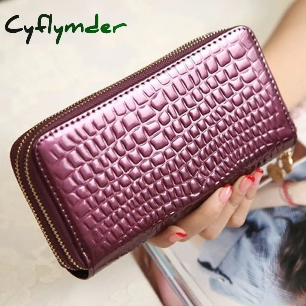 Cyflymder Female Long Purse Fashion Bright Lacquered Coin Handbag Solid Color Double Zipper Larger