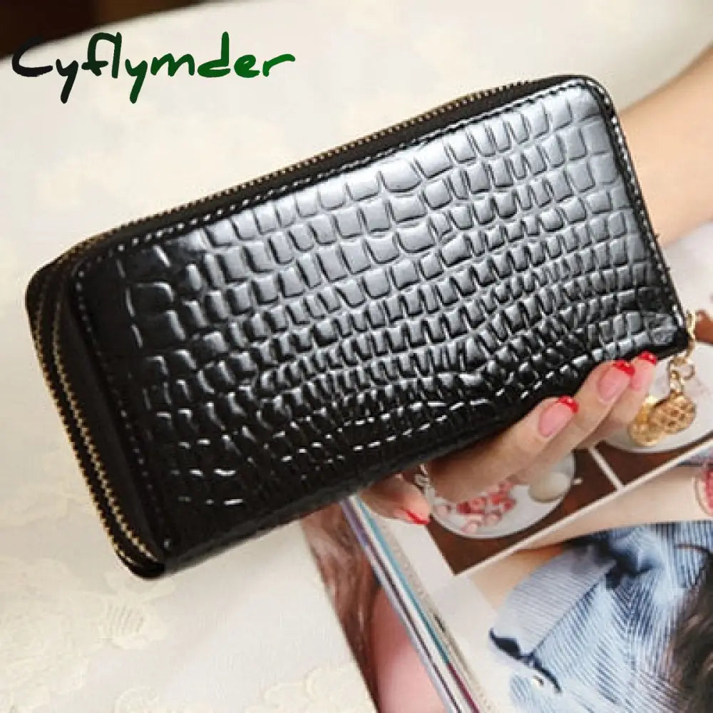 Cyflymder Female Long Purse Fashion Bright Lacquered Coin Handbag Solid Color Double Zipper Larger