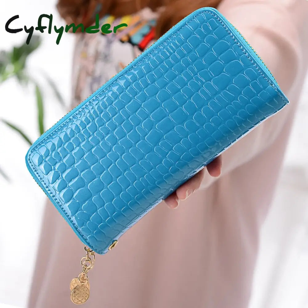 Cyflymder Female Long Purse Fashion Bright Lacquered Coin Handbag Solid Color Double Zipper Larger