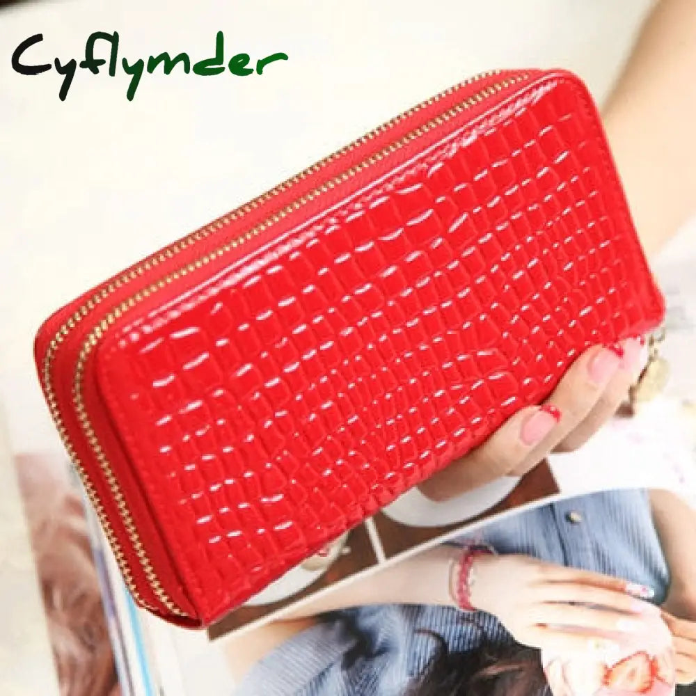 Cyflymder Female Long Purse Fashion Bright Lacquered Coin Handbag Solid Color Double Zipper Larger