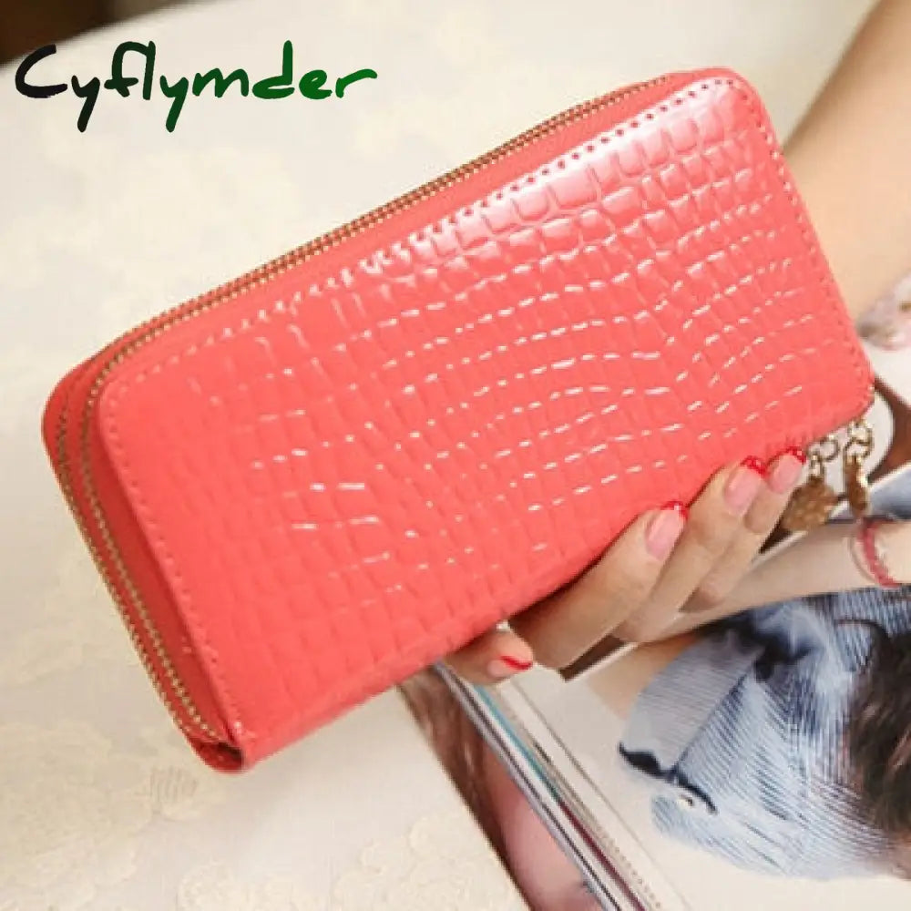 Cyflymder Female Long Purse Fashion Bright Lacquered Coin Handbag Solid Color Double Zipper Larger