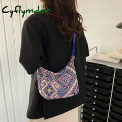 Cyflymder Female Shoulder Messenger Bag Trend Simple Zipper Handbags Ethnic Style Canvas Small Tote