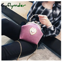 Cyflymder Female Velvet Pearl Handbag Vintage Velour Heart Design Evening Bag Wedding Christmas