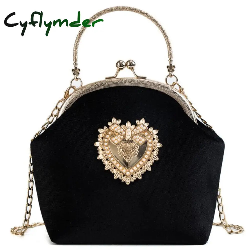 Cyflymder Female Velvet Pearl Handbag Vintage Velour Heart Design Evening Bag Wedding Christmas