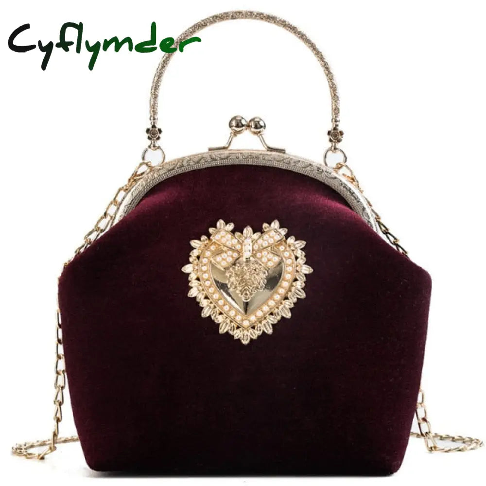 Cyflymder Female Velvet Pearl Handbag Vintage Velour Heart Design Evening Bag Wedding Christmas