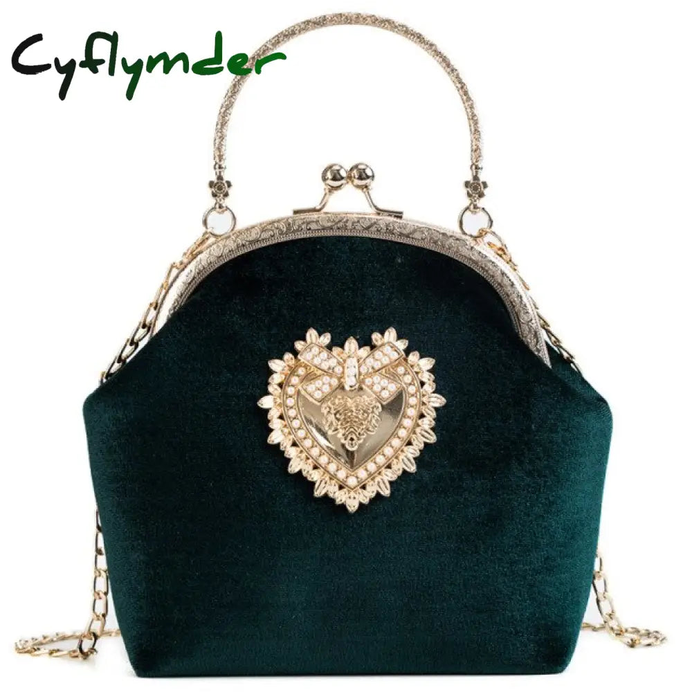 Cyflymder Female Velvet Pearl Handbag Vintage Velour Heart Design Evening Bag Wedding Christmas