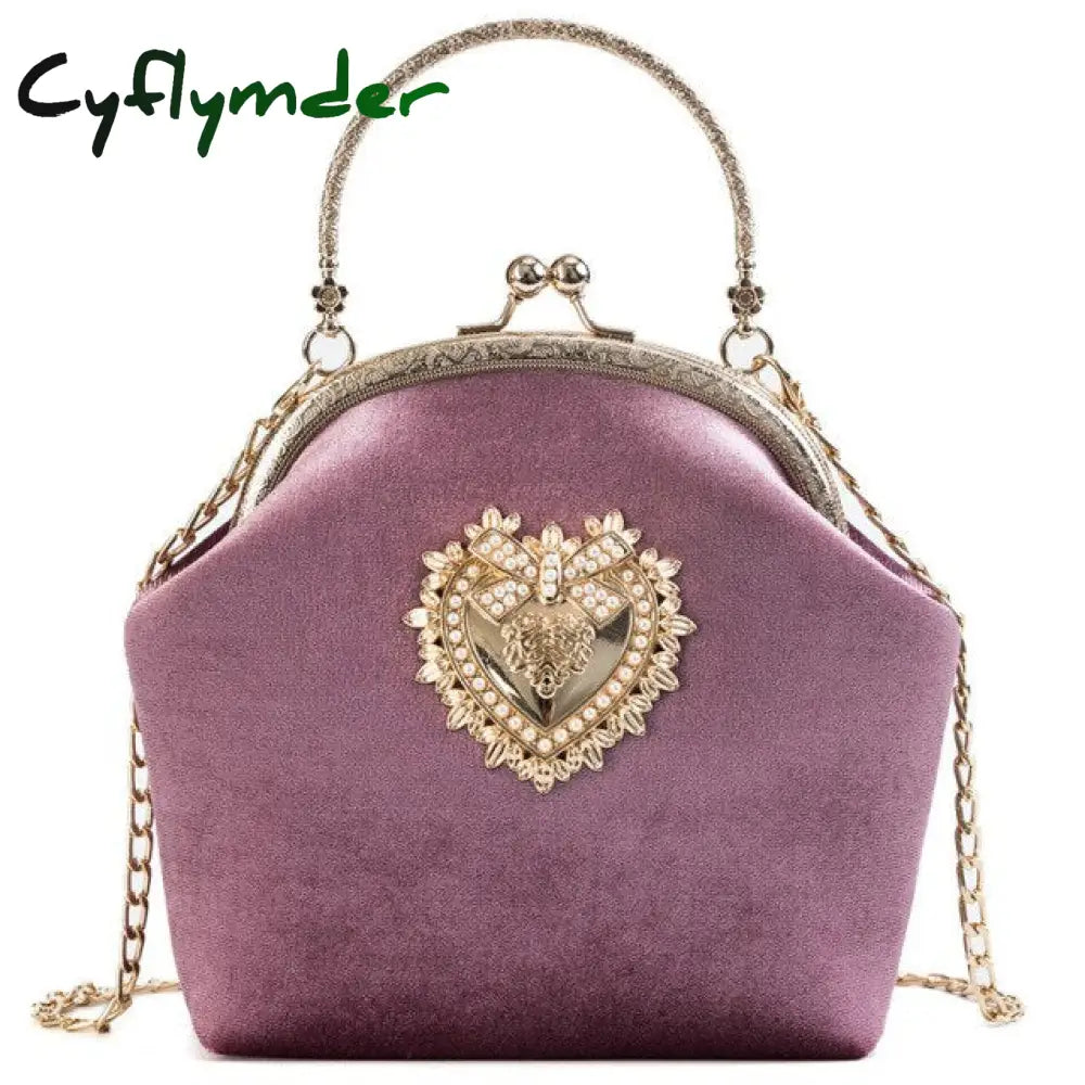 Cyflymder Female Velvet Pearl Handbag Vintage Velour Heart Design Evening Bag Wedding Christmas