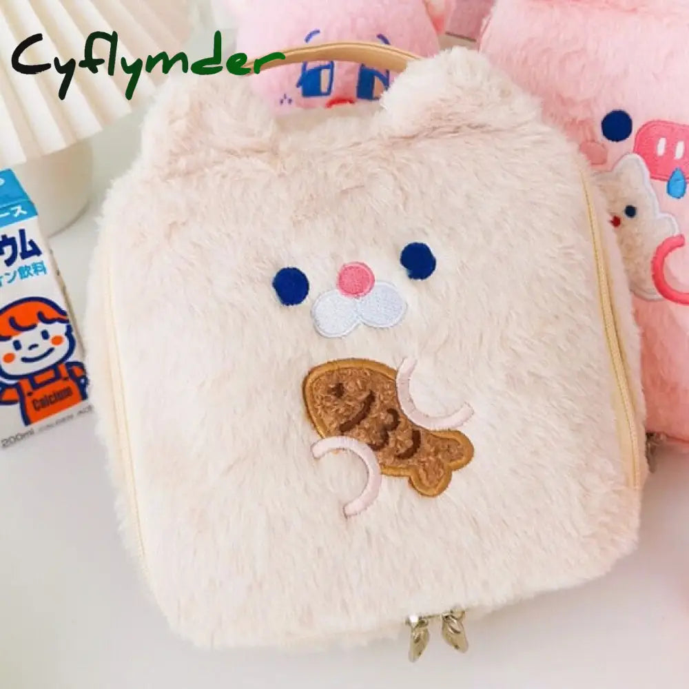 Cyflymder Flannel Bear Cosmetic Bag Cute Embroidery Plush Storage Kawaii Student Large Capacity