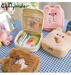 Cyflymder Flannel Bear Cosmetic Bag Cute Embroidery Plush Storage Kawaii Student Large Capacity