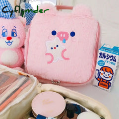 Cyflymder Flannel Bear Cosmetic Bag Cute Embroidery Plush Storage Kawaii Student Large Capacity