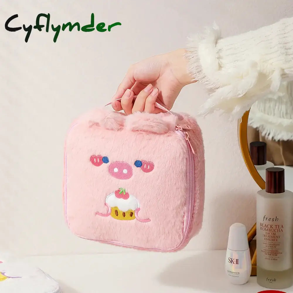 Cyflymder Flannel Bear Cosmetic Bag Cute Embroidery Plush Storage Kawaii Student Large Capacity