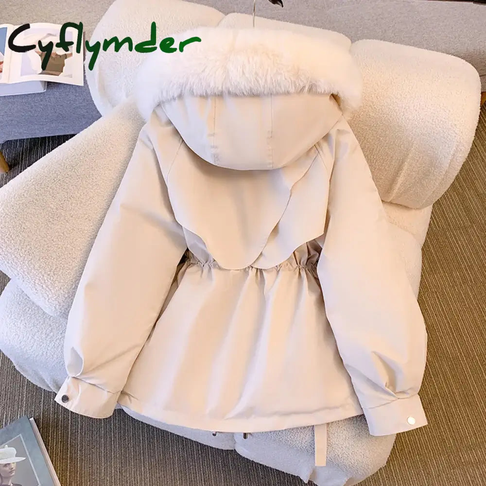 Cyflymder Fleece Lined Hood Down Jacket Winter Coat for Women Warm Drawstring Padded Parkas Korean Casual Streetwear