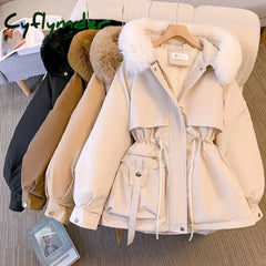 Cyflymder Fleece Lined Hood Down Jacket Winter Coat for Women Warm Drawstring Padded Parkas Korean Casual Streetwear