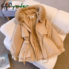 Fleece Lined Hood Down Jacket Winter Coat for Women Warm Drawstring Padded Parkas Korean Casual Streetwear Female Puffer Outwear