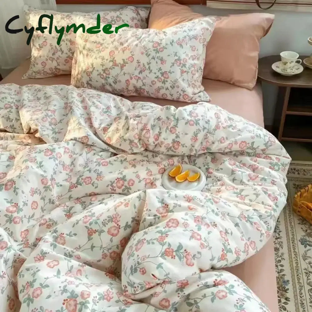 Cyflymder Floral Bedding Set Skin Friendly Nordic Style Duvet Cover With Pillowcases INS Flat Bed Sheet Soft Polyester