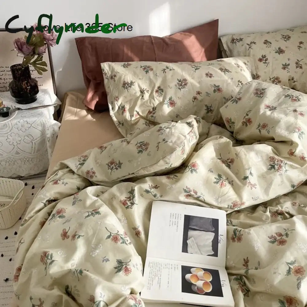 Cyflymder Floral Bedding Set Skin Friendly Nordic Style Duvet Cover With Pillowcases INS Flat Bed Sheet Soft Polyester