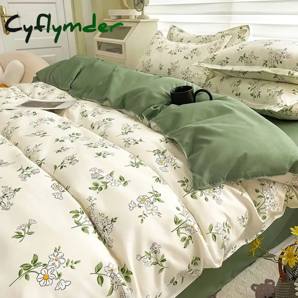 Cyflymder Floral Bedding Set Skin Friendly Nordic Style Duvet Cover With Pillowcases INS Flat Bed Sheet Soft Polyester