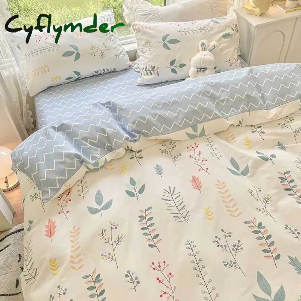 Cyflymder Floral Bedding Set Skin Friendly Nordic Style Duvet Cover With Pillowcases INS Flat Bed Sheet Soft Polyester