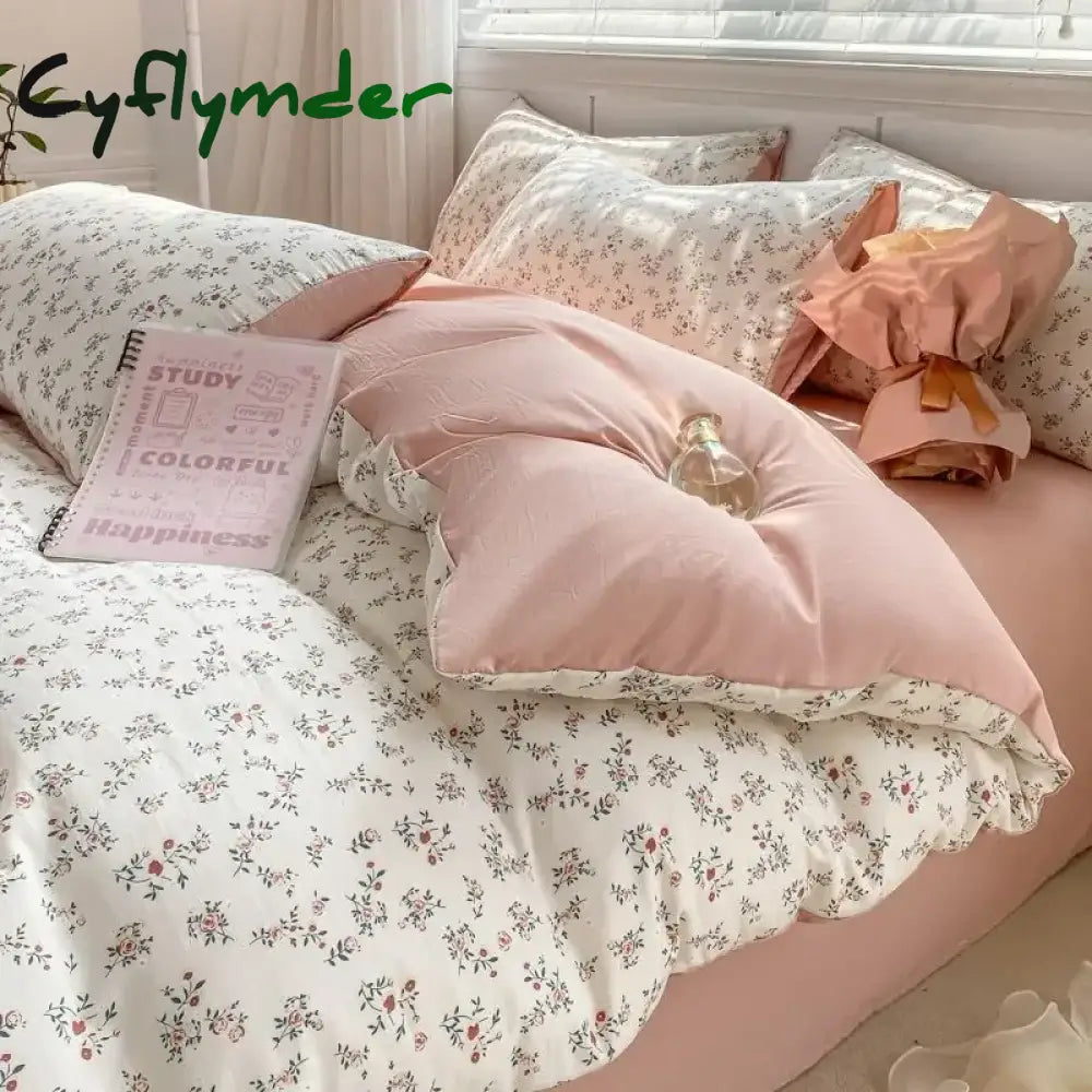 Cyflymder Floral Bedding Set Skin Friendly Nordic Style Duvet Cover With Pillowcases INS Flat Bed Sheet Soft Polyester