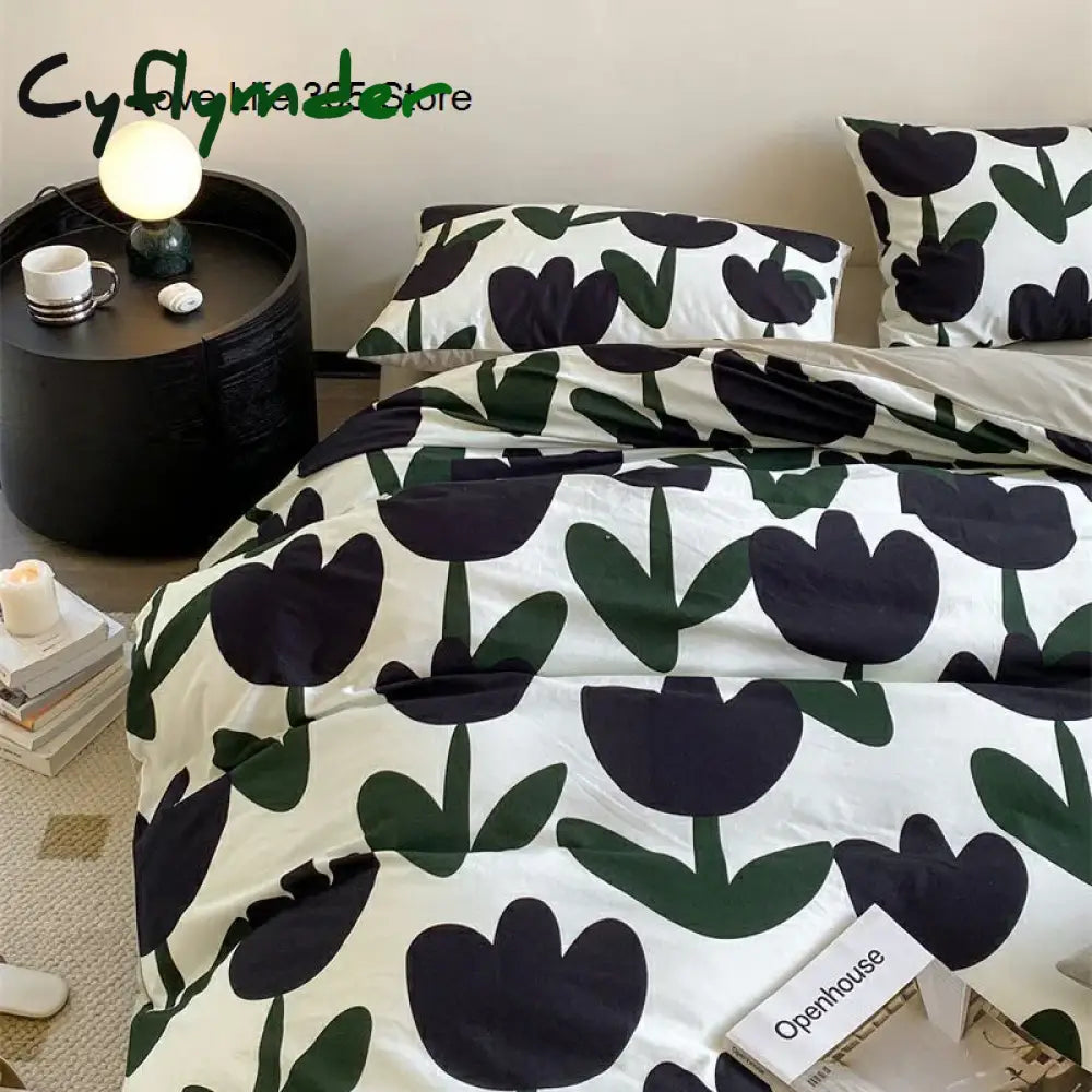 Cyflymder Floral Bedding Set Skin Friendly Nordic Style Duvet Cover With Pillowcases INS Flat Bed Sheet Soft Polyester