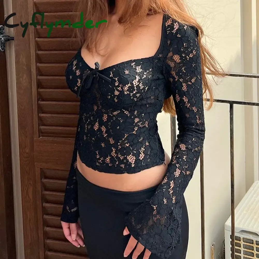 Cyflymder Floral Lace Sheer Crop Tops French Square Collar Long Sleeve Tees Chic Women Vintage Tie