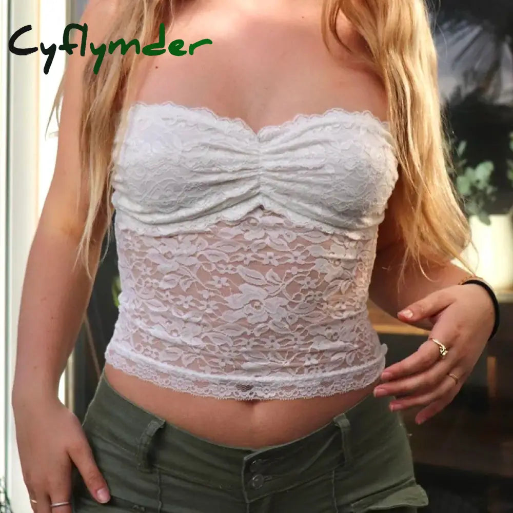 Cyflymder Floral Lace Sheer White Crop Tops Fairycore Y2K Chest Wrap Strapless Tube Bandeau 90S