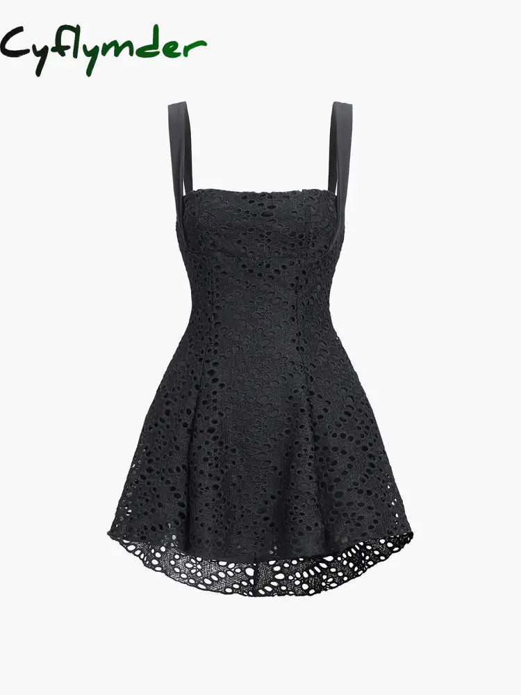 Cyflymder - Floral Lace Tie Back Short Dress Black / S Dresses