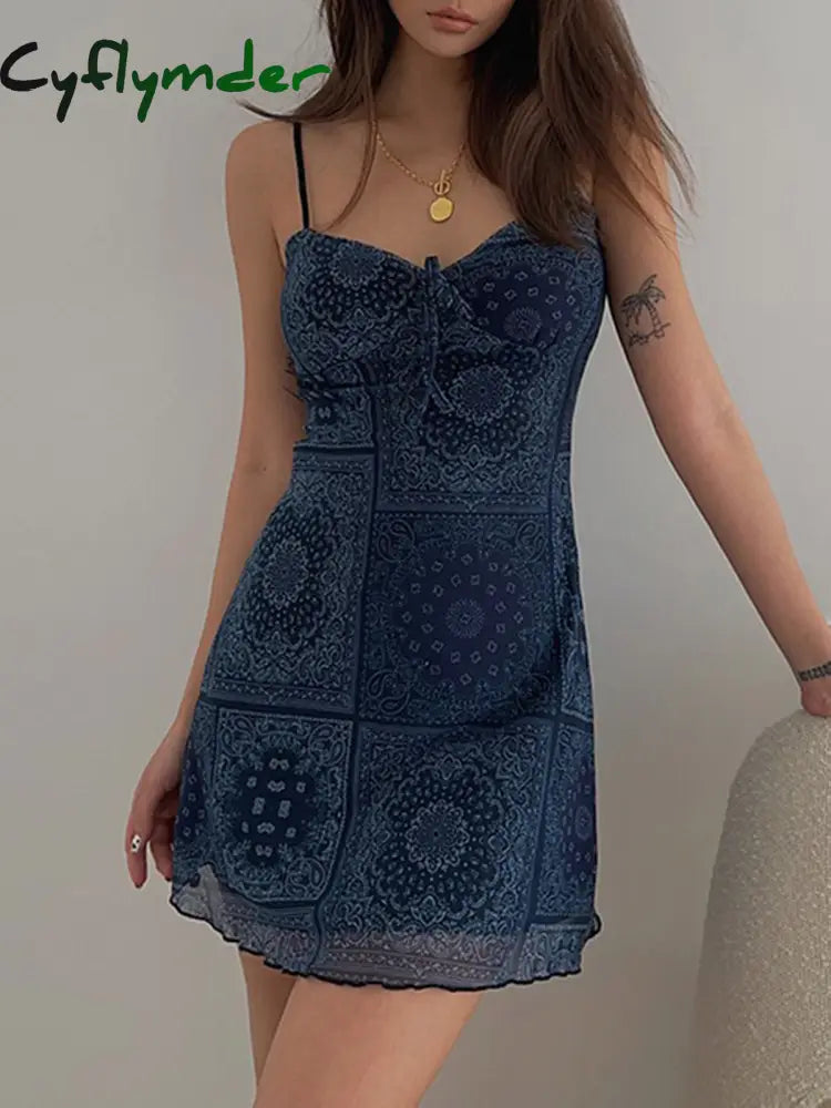 Cyflymder - Floral Patchwork Mesh Short Dress Navy / S Dresses