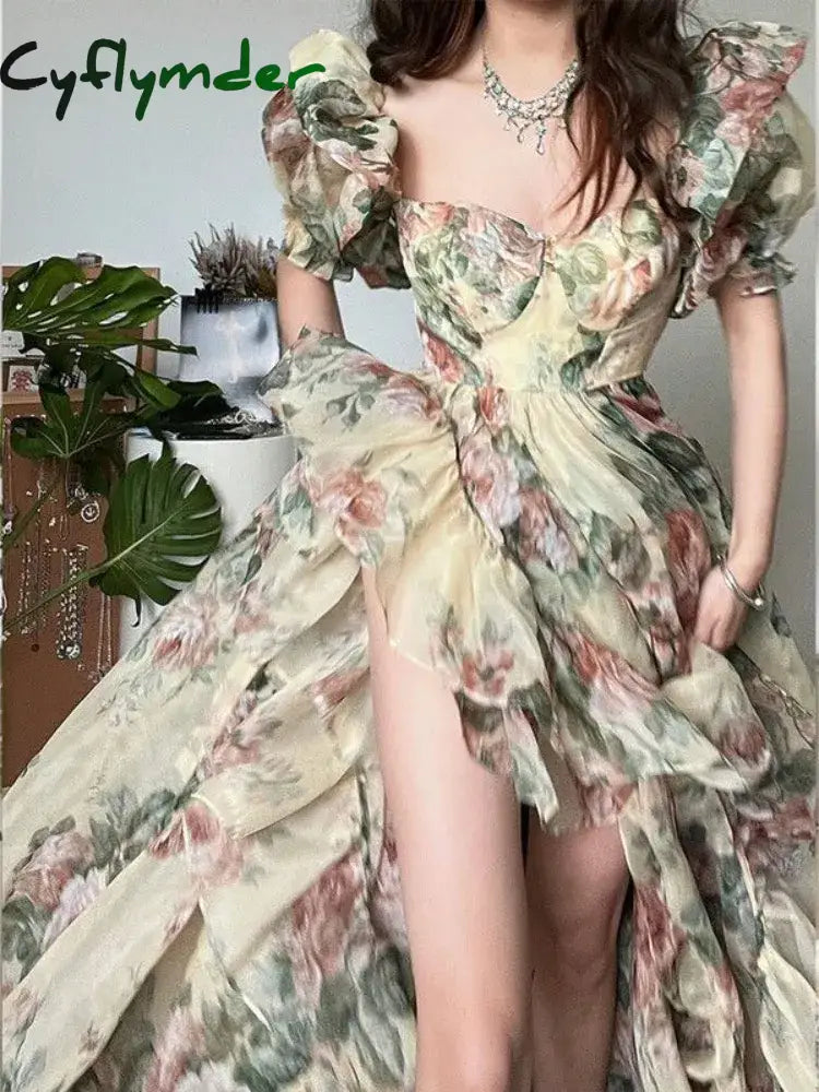 Floral Print Evening Party Dress Women Puff Sleeve Elegant Princess Long Dres Ladies France Vintage Open Fork Dress Summer