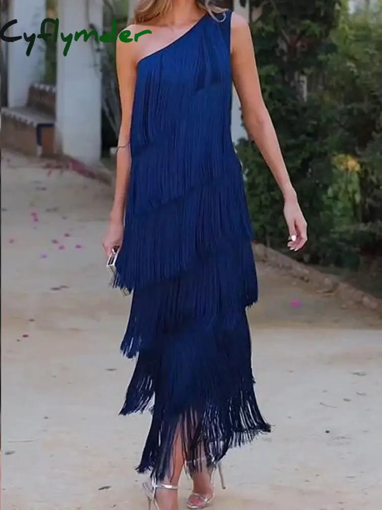 Cyflymder - Florence Fringed Open Back Short Dress Blue / S Dresses