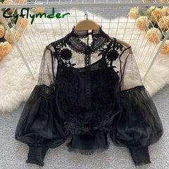 Cyflymder Flower Lace Women Shirts Fashion Slim Lantern Sleeve Ladies Blouse Comfortable Vintage