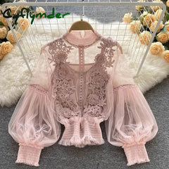 Cyflymder Flower Lace Women Shirts Fashion Slim Lantern Sleeve Ladies Blouse Comfortable Vintage