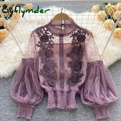 Cyflymder Flower Lace Women Shirts Fashion Slim Lantern Sleeve Ladies Blouse Comfortable Vintage