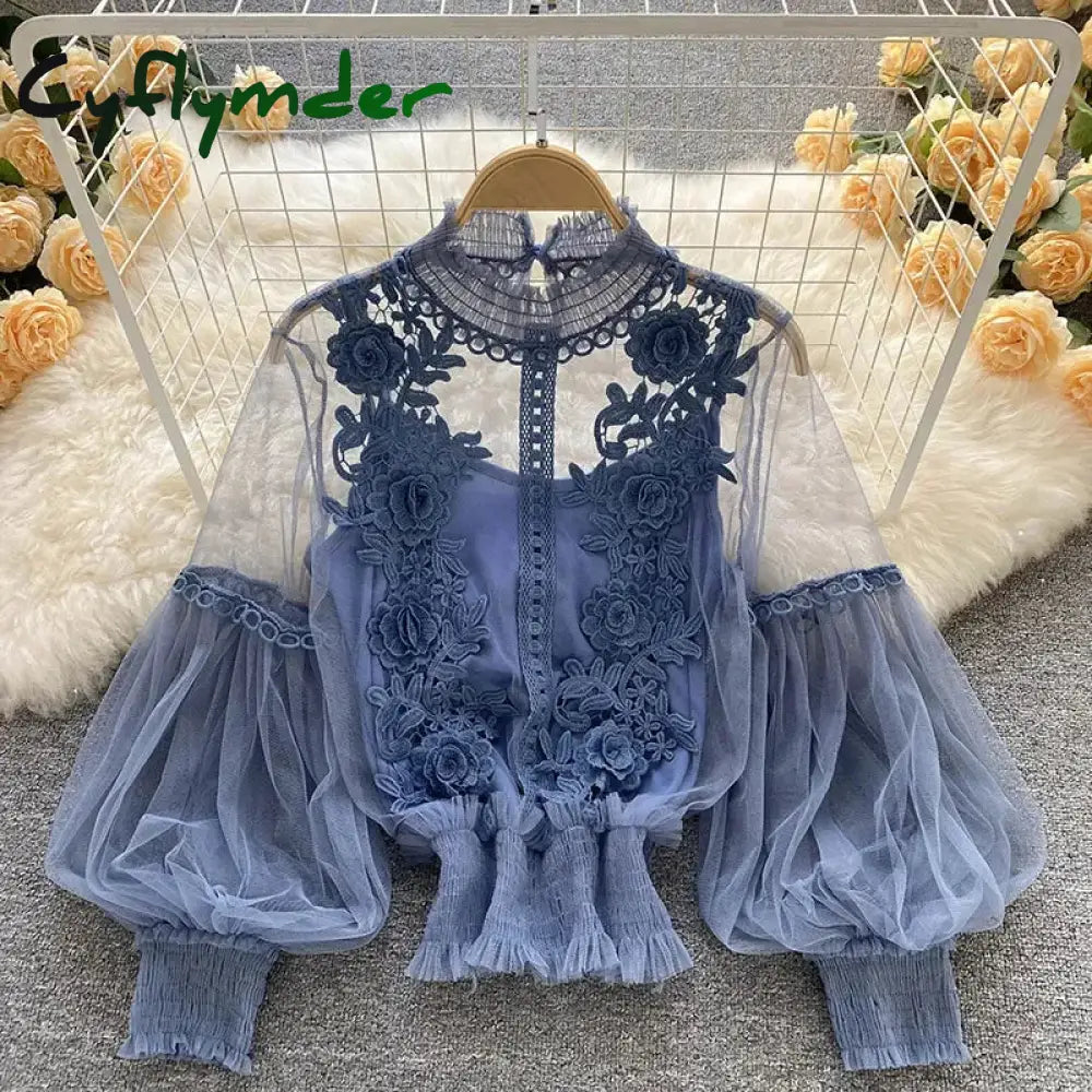 Cyflymder Flower Lace Women Shirts Fashion Slim Lantern Sleeve Ladies Blouse Comfortable Vintage