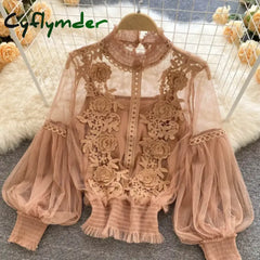 Cyflymder Flower Lace Women Shirts Fashion Slim Lantern Sleeve Ladies Blouse Comfortable Vintage