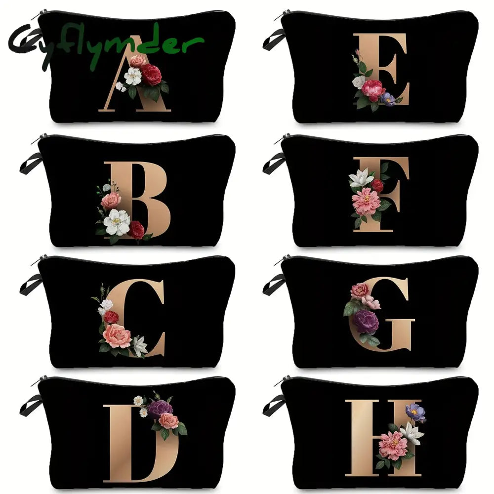 Cyflymder Flower & Letter Print Cosmetic Bag Zipper Portable Makeup Pouch Lightweight Coin Purse