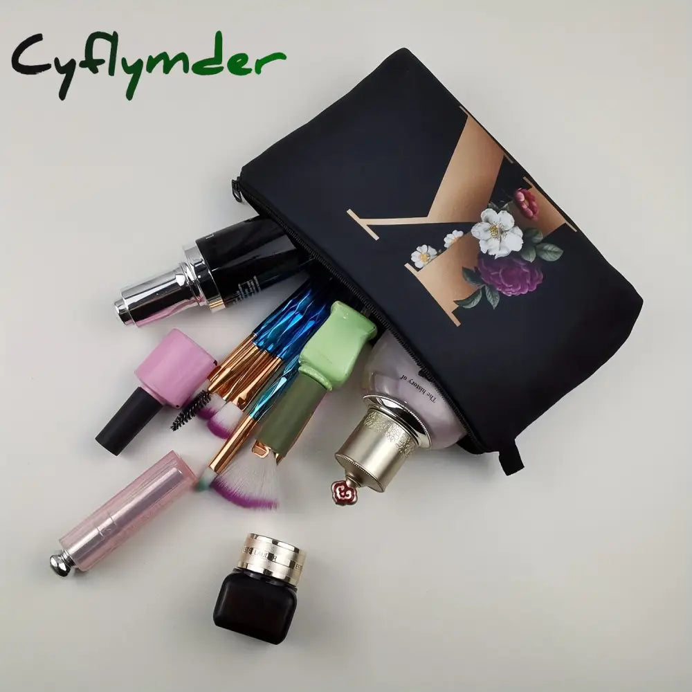 Cyflymder Flower & Letter Print Cosmetic Bag Zipper Portable Makeup Pouch Lightweight Coin Purse