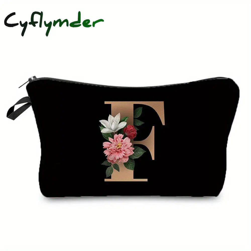 Cyflymder Flower & Letter Print Cosmetic Bag Zipper Portable Makeup Pouch Lightweight Coin Purse