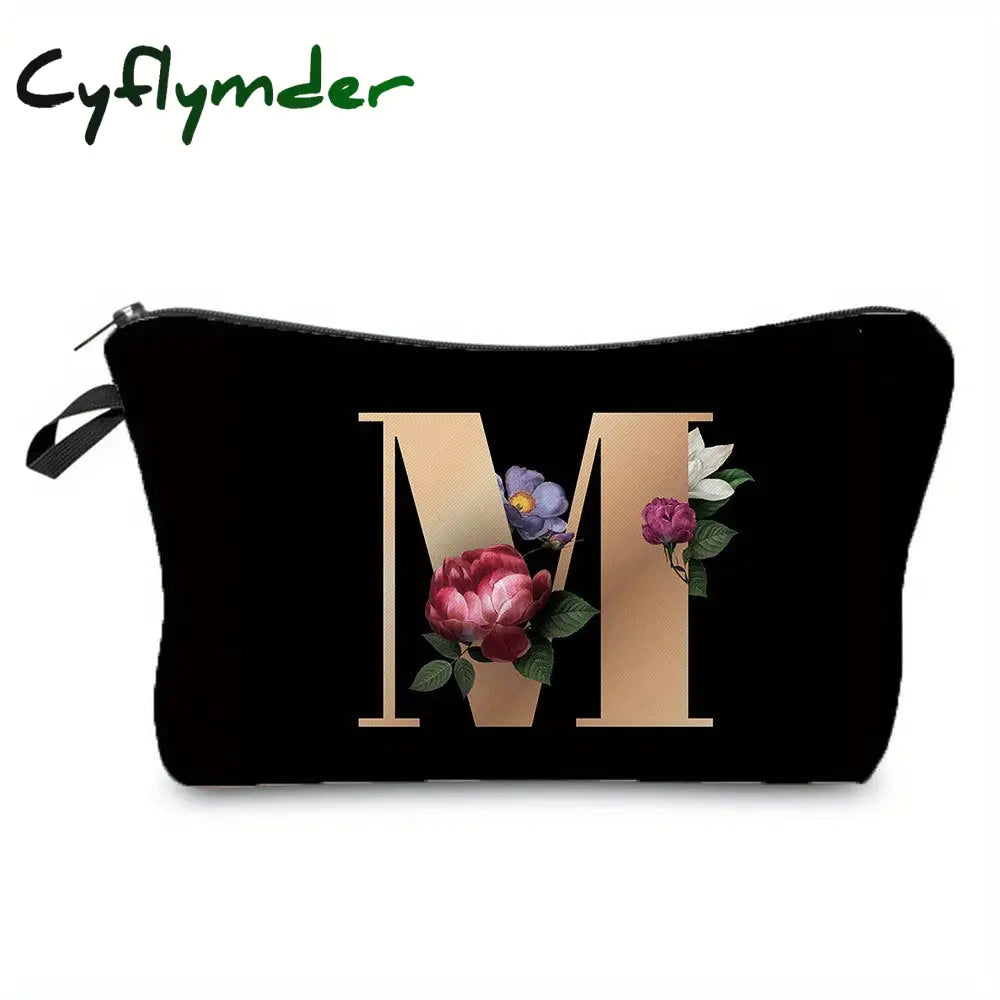 Cyflymder Flower & Letter Print Cosmetic Bag Zipper Portable Makeup Pouch Lightweight Coin Purse