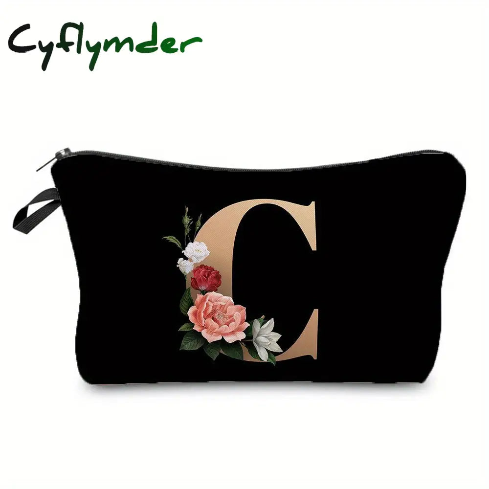 Cyflymder Flower & Letter Print Cosmetic Bag Zipper Portable Makeup Pouch Lightweight Coin Purse