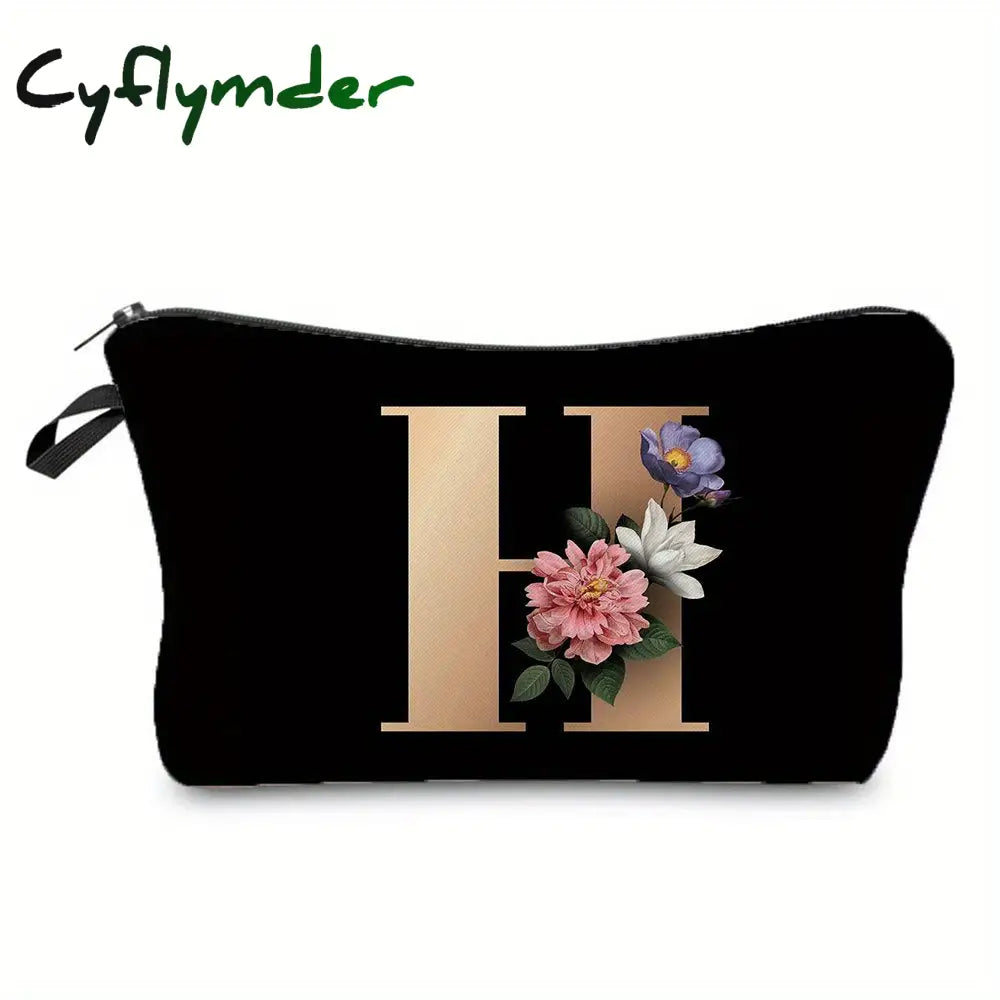 Cyflymder Flower & Letter Print Cosmetic Bag Zipper Portable Makeup Pouch Lightweight Coin Purse