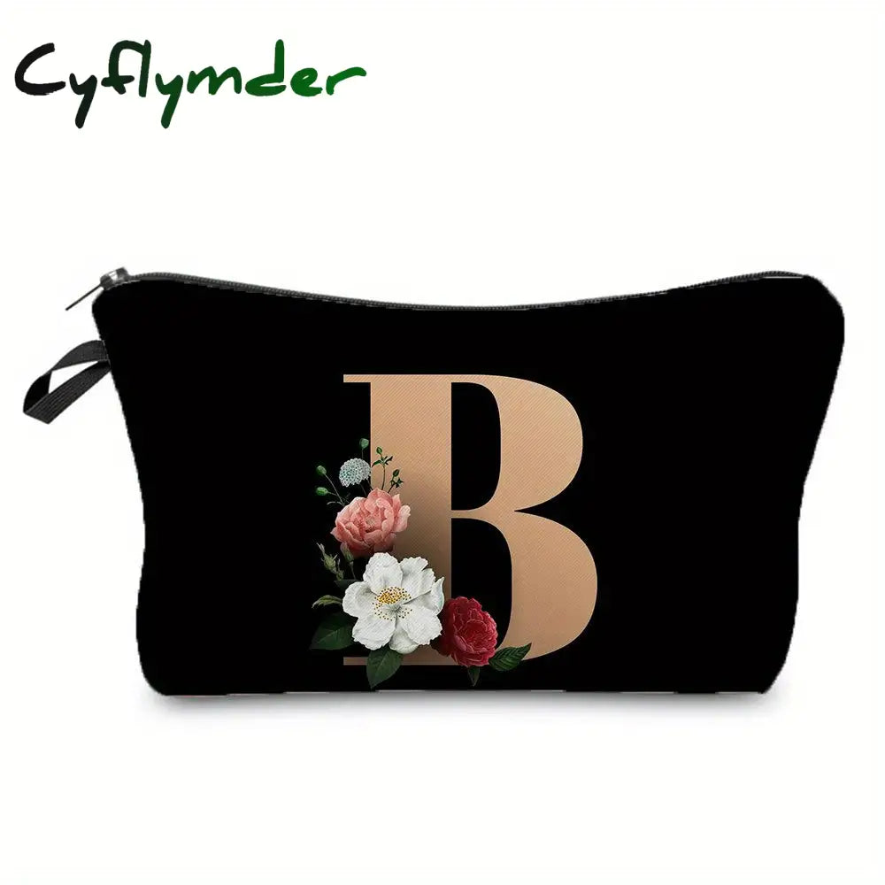 Cyflymder Flower & Letter Print Cosmetic Bag Zipper Portable Makeup Pouch Lightweight Coin Purse