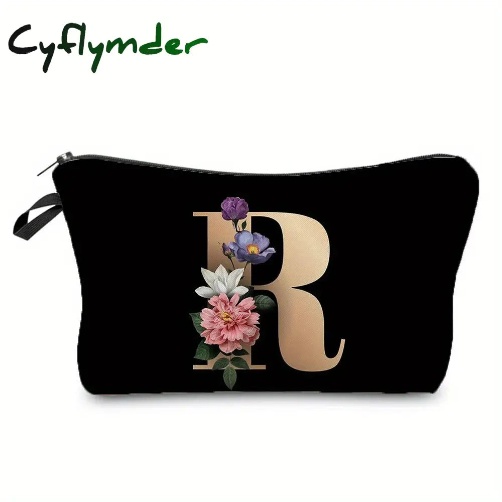 Cyflymder Flower & Letter Print Cosmetic Bag Zipper Portable Makeup Pouch Lightweight Coin Purse