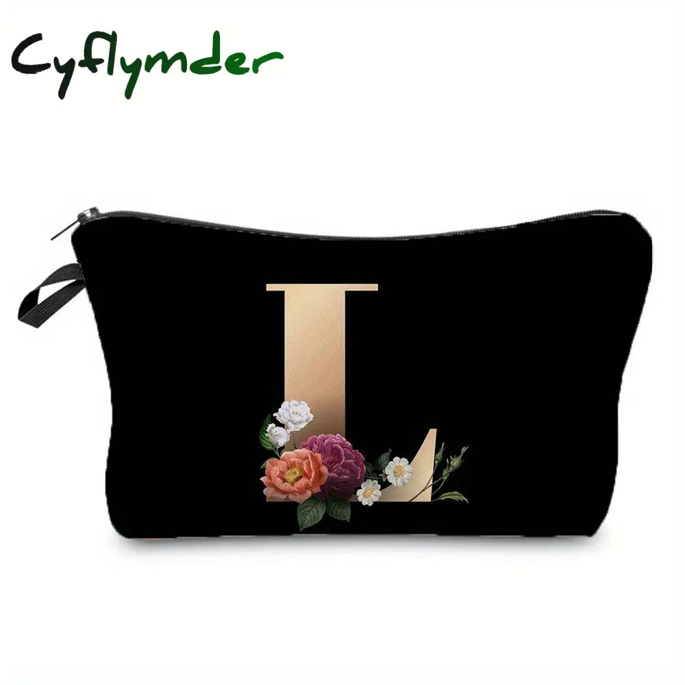 Cyflymder Flower & Letter Print Cosmetic Bag Zipper Portable Makeup Pouch Lightweight Coin Purse