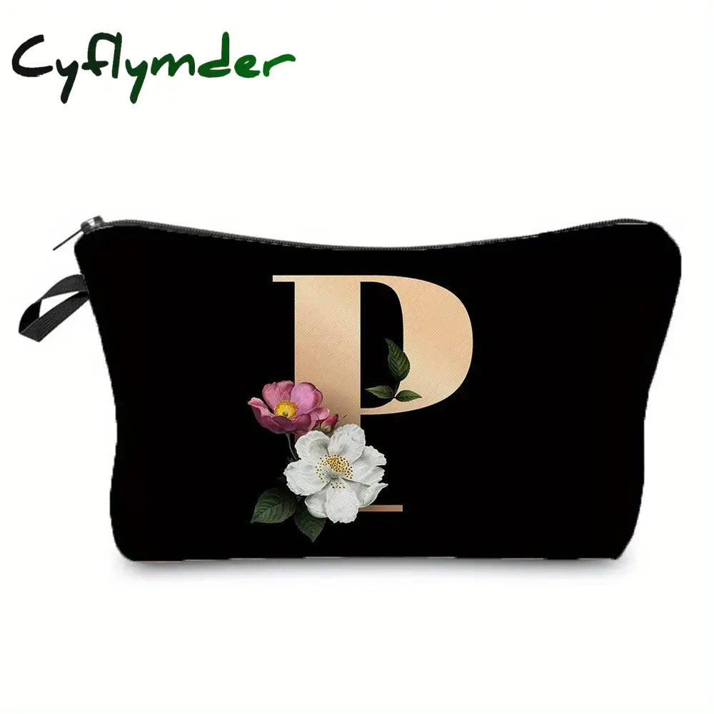 Cyflymder Flower & Letter Print Cosmetic Bag Zipper Portable Makeup Pouch Lightweight Coin Purse